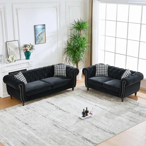 Vista 14 de Juego de 2 sofás de terciopelo negro moderno de mediados de siglo, sofá y sofá biplaza con botones copetudos, muebles para la sala, cómodo sofá Azul