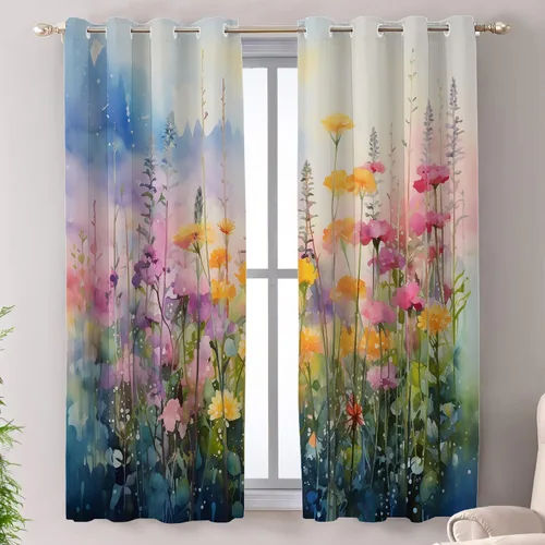Vista 15 de Shrahala Floral Abstract Design Blackout Curtain Tiers, Minimalist Flower Illustration Kitchen Valance Light Blocking Tier Drapes with Rod Pocket, 2