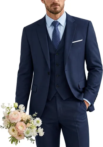 Vista 37 de Traje de 3 piezas para hombre con corbata, chaleco sólido de un botón y beige (529-beige)