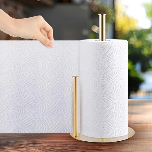 Vista 2 de Toallero de papel dorado, soporte de encimera de acero inoxidable para cocina y baño con base antideslizante, diseño portátil con asa superior, se