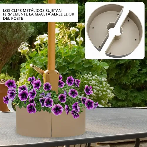 Vista 7 de AuldHome Design Maceta de Sombrilla para Mesa de Patio (Beige/Greige), con Agujero para Sombrilla, Macetas de Medio Círculo de Esmalte Gris beige