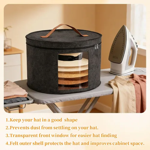 Vista 5 de Cajas de almacenamiento para sombreros para mujeres y hombres, caja redonda de almacenamiento de sombreros de fieltro para armario, vaquero, borde