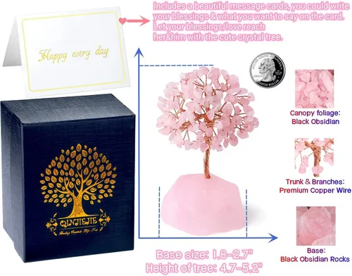 Vista 5 de QINJIEJIE Árbol de cristal de cuarzo rosa, cristales curativos, decoración de escritorio rosa, árbol de piedras preciosas naturales, base de alambre