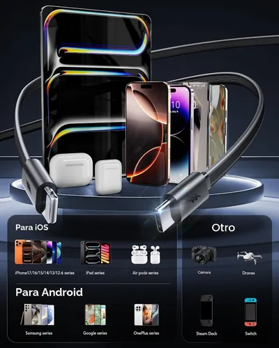 Vista 2 de Cargador de pared retráctil 4 en 1 para iPhone 17 USB C, multipuerto de ladrillo esencial de viaje, iluminación de 3 pies + cables tipo C, bloque