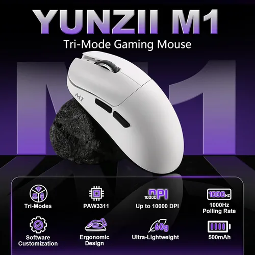 Vista 2 de YUNZII Ratón inalámbrico para juegos M1, Tri-Mode 2.4G/BT/mouse para juegos con cable, sensor PAW3311 10000 DPI recargable con 5 botones