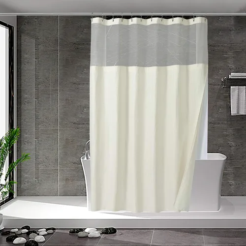 Vista 11 de N&Y HOME - Juego de cortina de ducha de punto gofre, forro de tela a presión y ganchos, para ducha pequeña, estilo hotel, ventana superior de malla