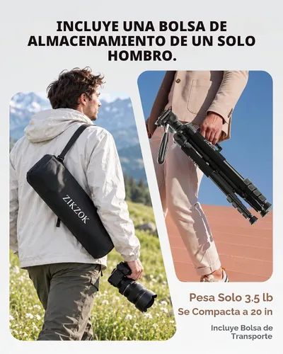 Vista 4 de Trípode de cámara de 75 pulgadas, soporte de cámara de aluminio resistente para teléfono iPad, trípode de viaje con/bolsa de transporte/soporte