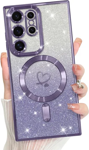 Vista 331 de Bonoma - Funda compatible con Samsung Galaxy S21 Plus, diseño de corazón con purpurina, color rosa Support for MagSafe, Plating Magnetic Case TPU