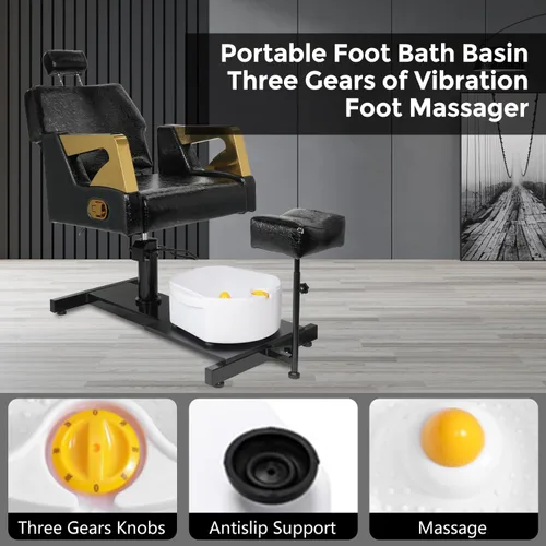 Vista 5 de Silla de pedicura con taburete y baño de pies de masaje, estación de pedicura giratoria de 360°, altura ajustable hidráulica, sin fontanería