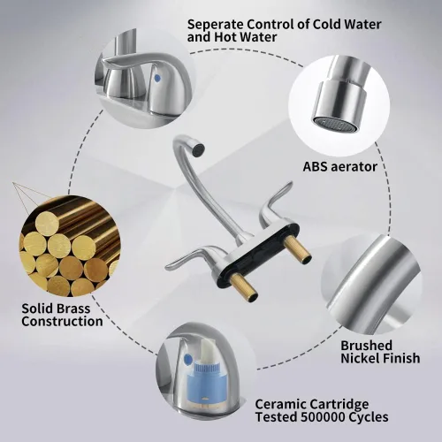 Vista 4 de Grifo de lavabo de baño con conjunto de drenaje emergente, grifo central de 4 pulgadas y 2 manijas - Control de temperatura, fácil de instalar