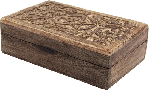 Vista 4 de DharmaObjects Caja de almacenamiento de madera tallada a mano para joyería (Triple Moon, grande)