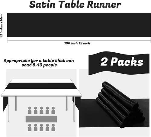Vista 2 de Paquete de 2 caminos de mesa negros de 12 x 108 pulgadas, camino de mesa rectangular de seda satinada suave para bodas, banquetes, decoración