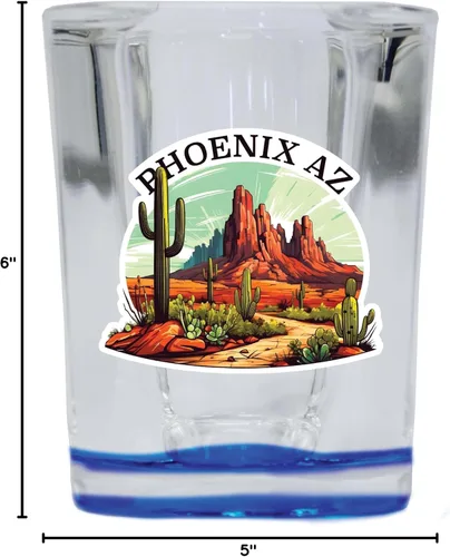 Vista 3 de Phoenix Arizona Design A Souvenir Destination - Vaso de chupito cuadrado de 2.5 onzas, base azul, paquete de 2