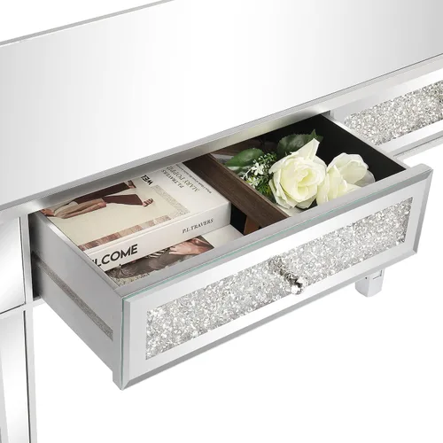 Vista 6 de Karl home Mesa de escritorio con espejo y 2 cajones, mesa consola plateada, mesa de sofá con espejo con incrustación de cristal en la parte