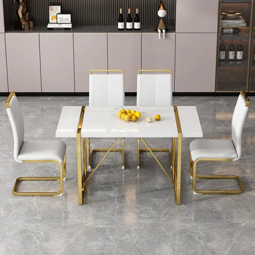 Vista 17 de Mesa de comedor Ebullient para 4, mesa de comedor rectangular negra de MDF, tapa de mesa de cena de mármol falso, mesa de comedor moderna con marco