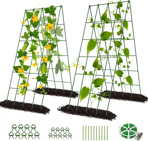Vista 18 de DoCred Enrejado de jardín de metal con marco en A, 2 unidades, acero recubierto de PVC, perfecto para pepinos, calabaza, guisantes, enredaderas