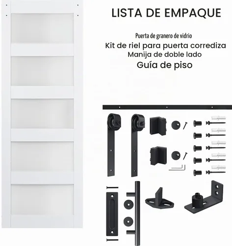 Vista 5 de Puerta corrediza de granero de vidrio de 5 paneles de 32 pulgadas x 84 pulgadas con kit de herrajes de 4 pies Blanco