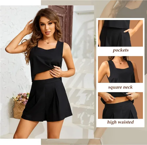 Vista 6 de Slimers Conjunto de 2 piezas para mujer, ropa de descanso de dos piezas, pantalones cortos de lino, ropa de moda 2023, conjunto de vacaciones