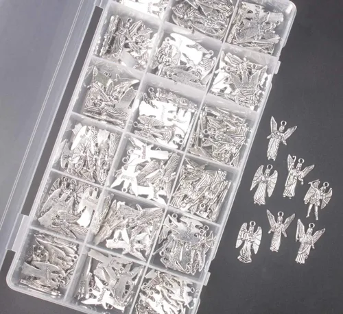 Vista 3 de ChangJin - Una caja de 180 dijes de ángeles de metal plateado envejecido para hacer joyas en almacenamiento (7 estilos), Metal, No es una piedra