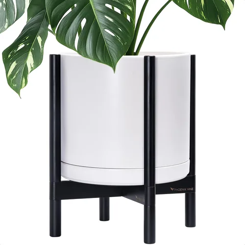 Vista 8 de D'vine Dev Maceta de cerámica con soporte de ébano – Maceta redonda moderna de 8 pulgadas con soporte para maceta de madera, color negro, 55-B-M-2