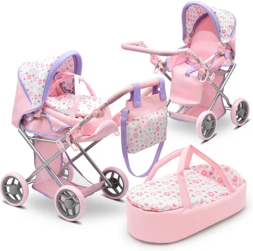 Vista 8 de Cochecito Convertible de Muñeca de Bebé con Portabebés de Viaje Extraíble para Niños, Mango Ajustable, Cochecito con Toldo y Cesta