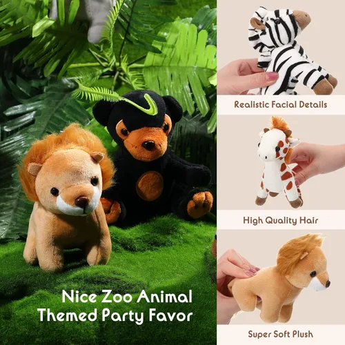 Vista 4 de Juego de 7 animales de peluche de safari de 4.72 pulgadas de la selva, incluye jirafa, tigre, león, oso, elefante, cebra, para fiestas temáticas
