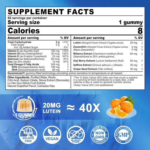 Vista 2 de Luteína 20 mg 40 mg y suplementos de zeaxantina para ojos, gomitas de luteína con Omega 3, azafrán, zinc, arándano y bayas de Goji para apoyo