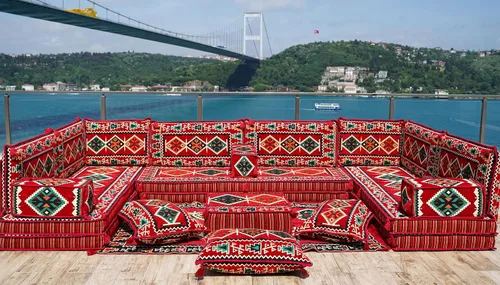 Vista 2 de arabicsofa Asiento Majlis árabe rojo de 8 pulgadas de grosor, juego modular Diwan seccional, sofá de suelo oriental para sala de estar