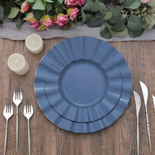 Vista 159 de Tableclothsfactory Paquete de 10 platos redondos de plástico negro de 6 pulgadas para ensalada de postre, platos desechables con borde ondulado