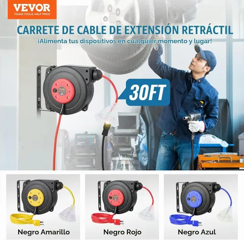 Vista 2 de VEVOR Carrete de cable de extensión retráctil, 30 pies, carrete de cable de alimentación retráctil resistente 16AWG/3C SJTOW con toma triple