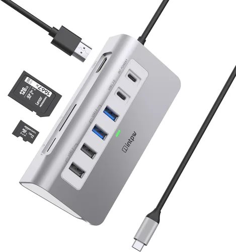 Vista 11 de intpw P9R PRO USB C Hub Ethernet, Estación de acoplamiento USB C de 10Gbps 10-en-1 con HDMI 4K@60Hz, Tipo-C y 2 USB A 3.2 Datos, LAN, 2 USB A 2.0