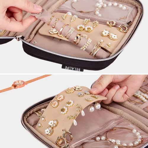 Vista 3 de BELALIFE Organizador de joyas de viaje, estuche portátil de almacenamiento de joyas para aretes, anillos, collares, pulseras, color negro