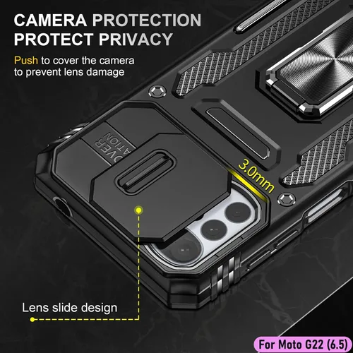 Vista 4 de Funda resistente para Motorola Moto G22, protector de parachoques de goma híbrido de doble capa de grado militar con protector de cámara deslizante