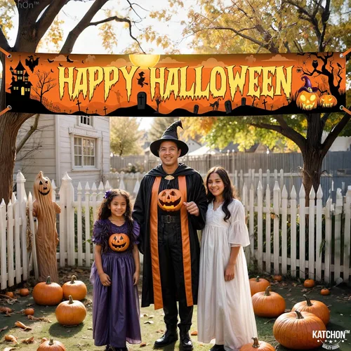 Vista 5 de Katchon - Pancartas de feliz Halloween para exteriores, 120 x 20 pulgadas Naranja