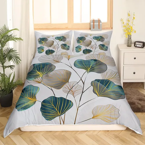 Vista 3 de Feelyou Funda de edredón de hojas de ginkgo, juego de ropa de cama con diseño de hojas botánicas para niños y niñas, funda de edredón de microfibra
