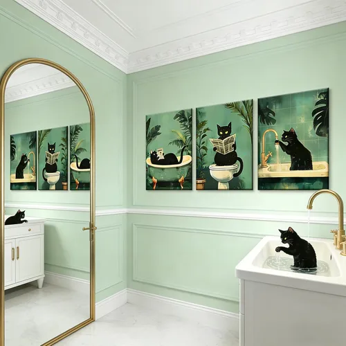 Vista 4 de 3 piezas de divertidos carteles de gato negro en lienzo para pared de baño Arte de pared vintage Gato se lava las patas leyendo el periódico