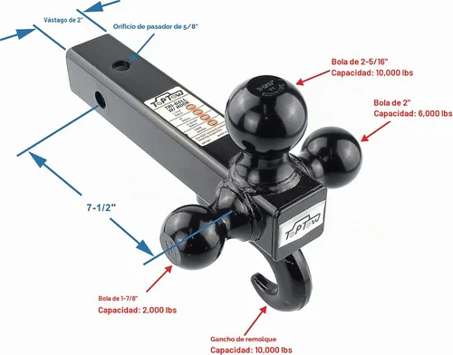 Vista 2 de TOPTOW Enganche de remolque de montaje de tres bolas con gancho, bolas negras, con cerradura, se adapta a receptor de 2 pulgadas