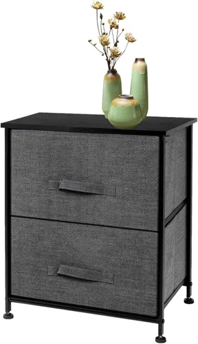 Vista 6 de Mueble de mesa de noche con 2 cajones, torre de almacenamiento de mesa auxiliar, marco de acero resistente, parte superior de madera, cubos de tela