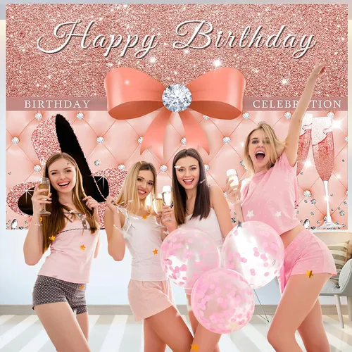 Vista 3 de Sensfun Cartel de fondo de feliz cumpleaños de oro rosa para mujer, decoraciones de fiesta de cumpleaños con purpurina, tacones rosados con lazo