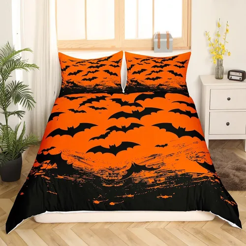 Vista 3 de Funda de edredón con diseño de murciélago, juego de ropa de cama de murciélago negro y naranja, funda de edredón temática de Halloween