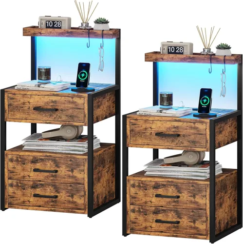 Vista 12 de Mesita de noche con estación de carga y luces LED, mesita de noche LED con 2 puertos USB y 2 salidas de CA, mesa auxiliar moderna con 3 cajones Negro