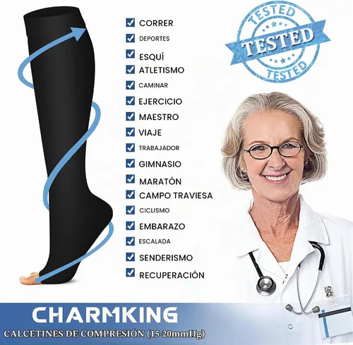 Vista 5 de CHARMKING 3 pares de calcetines de compresión de punta abierta para mujeres y hombres, circulación de 15-20 mmHg es el mejor apoyo para uso durante