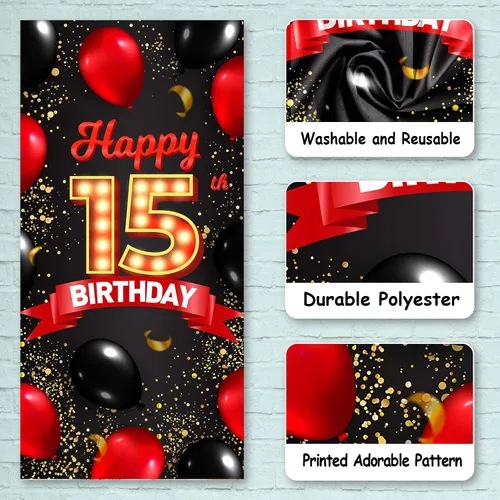 Vista 3 de Cartel de feliz cumpleaños número 15 rojo y negro, globos de fondo para decoración temática para niñas y mujeres, princesas de 15 años, suministros