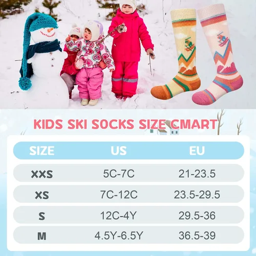 Vista 6 de unenow Calcetines de esquí de lana merino para niños, 2 pares, calcetines térmicos cálidos de invierno para niños y niñas pequeños