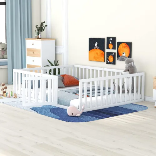 Vista 3 de Harper & Bright Designs Cama de suelo Queen con rieles, marco de cama de piso de madera con valla y puerta, para niños y niñas (blanco)