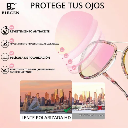 Vista 4 de BIRCEN Gafas de sol polarizadas para mujer con protección UV - Sombras retro espejadas con montura de acetato BC2001 A-Rosa