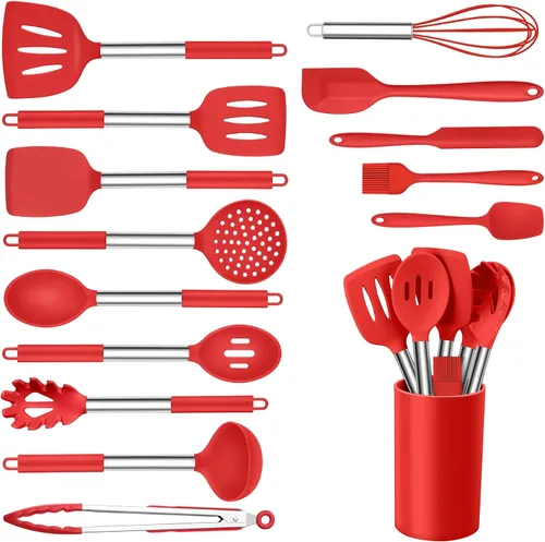 Vista 12 de Onader Juego de 10 utensilios de cocina de silicona, con soporte y mango de acero inoxidable resistente al calor para utensilios de cocina Negro