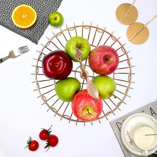 Vista 8 de ALLCENER Frutero para encimera de cocina, cesta de frutas con mango en forma de hoja, soporte de frutas elegante y funcional, canasta dorada