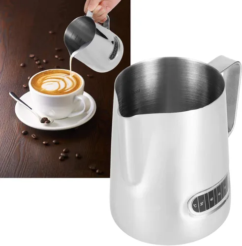 Vista 7 de Jarra de espuma de leche con termómetro integrado, jarra de espuma de leche de acero inoxidable de 16.9 fl oz, taza espumadora de leche, jarra