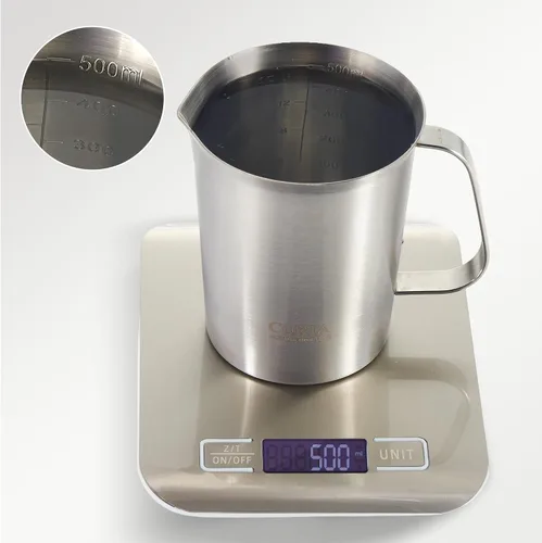 Vista 2 de CURTA Taza medidora de acero inoxidable 18/8 con asa y boquilla de vertido, taza de preparación de alimentos de cocina resistente para cocinar Mango